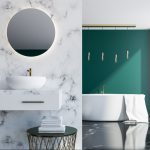 White marble and dark green loft bathroom with a sink, a round mirror and a tub near a loft window. A close up 3d rendering