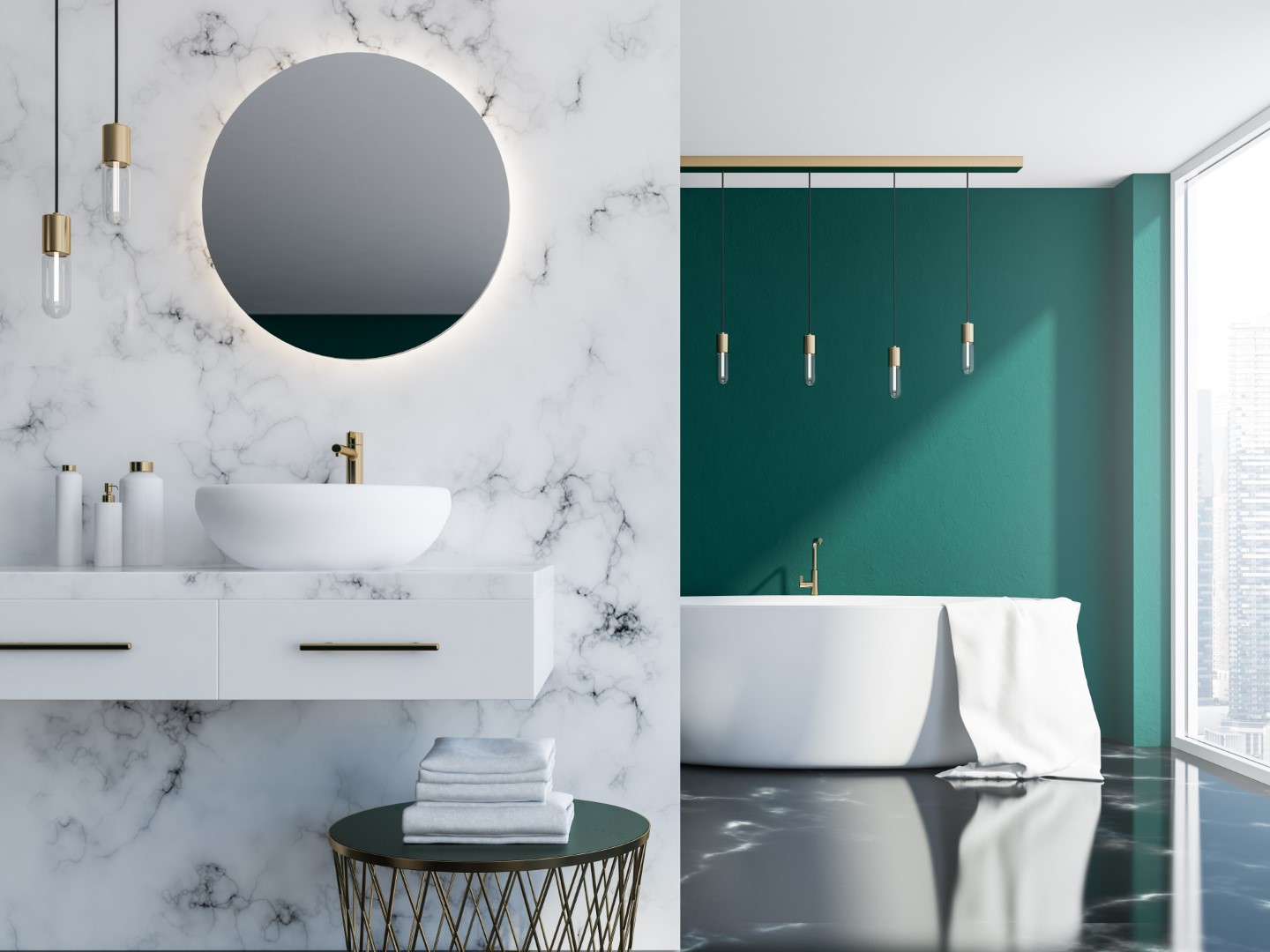 White marble and dark green loft bathroom with a sink, a round mirror and a tub near a loft window. A close up 3d rendering