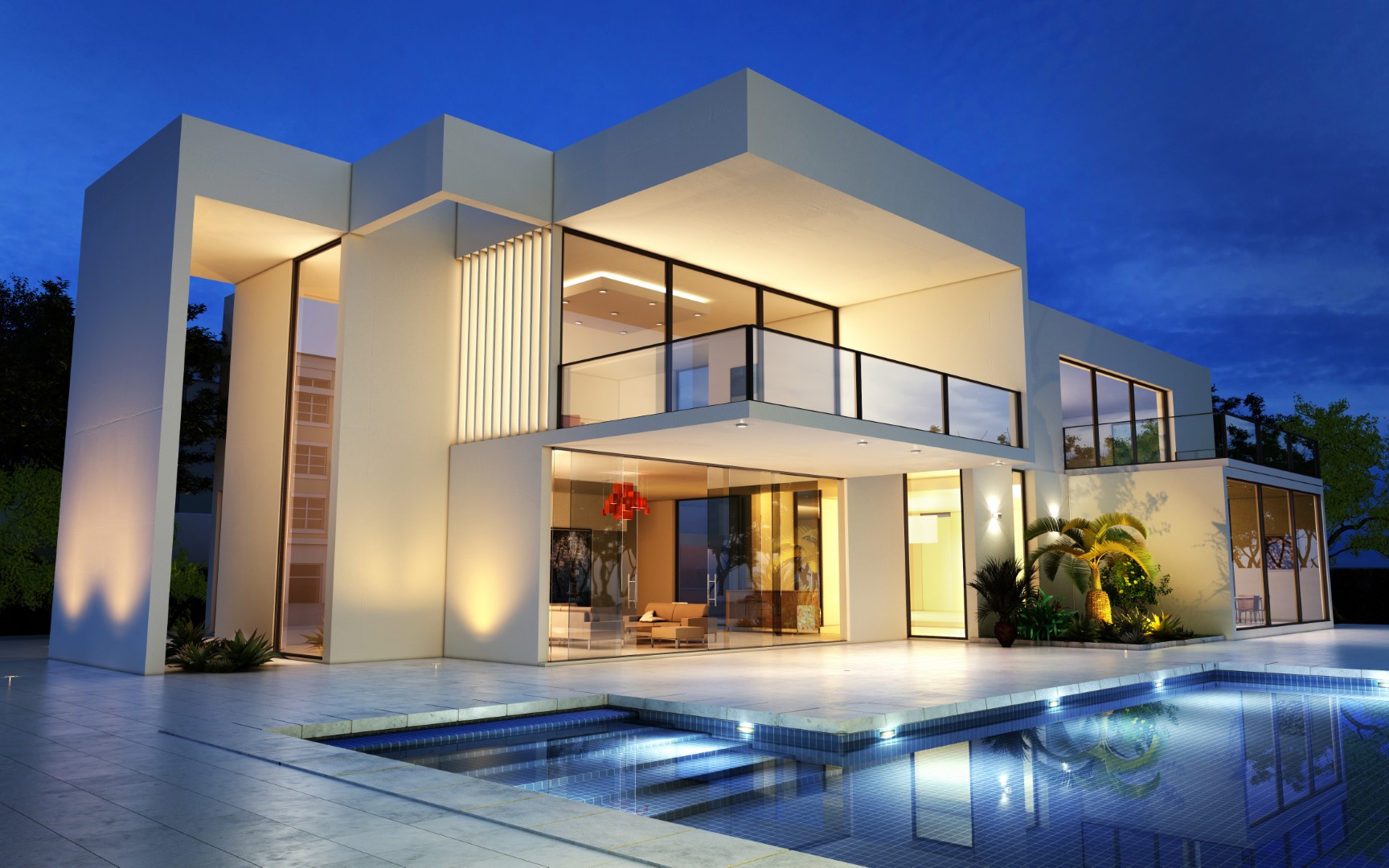 3D rendering of an upscale modern mansion with pool